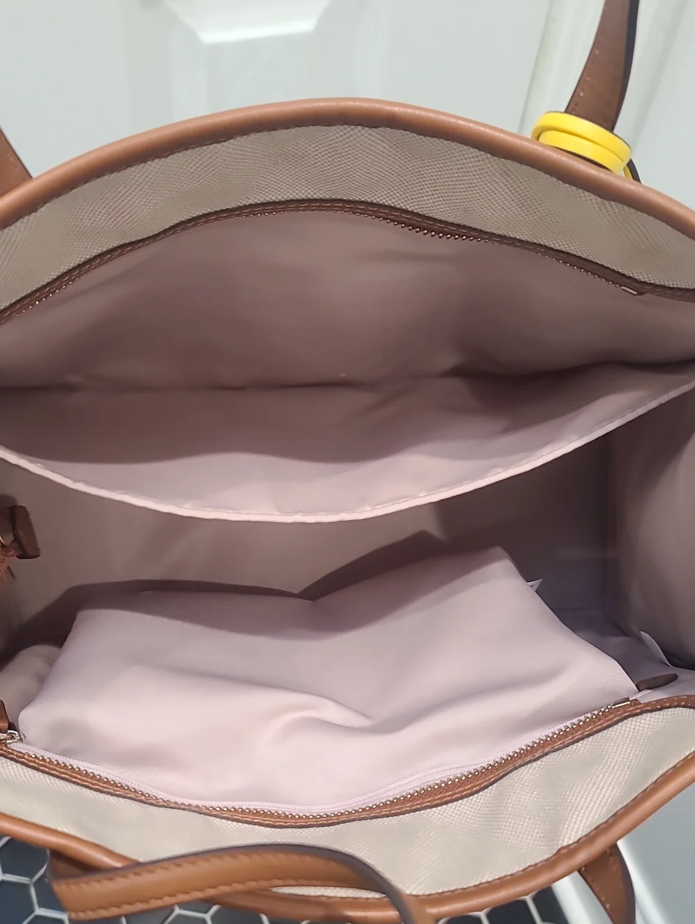 kate spade Beige Canvas Tote with Brown Trim and Yellow Charm
